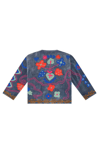 Embroidered Velvet Jacket - Dusty Blue with Multi Pattern