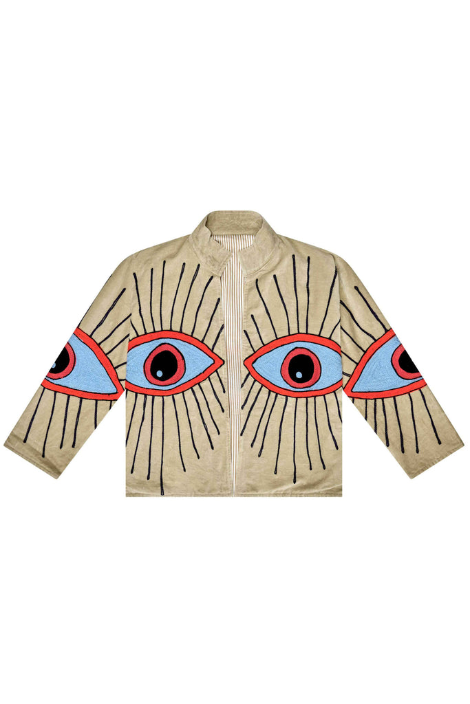 Embroidered Velvet Collared Jacket - Tan with Multi Eye