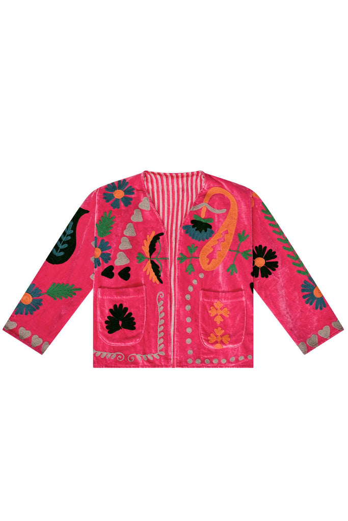 Embroidered Velvet Jacket - Bright Pink with Multi Pattern