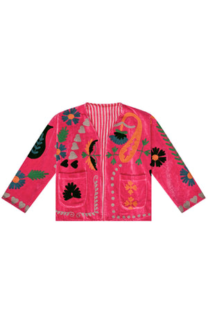 Embroidered Velvet Jacket - Bright Pink with Multi Pattern