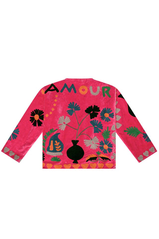 Embroidered Velvet Jacket - Bright Pink with Multi Pattern