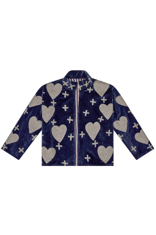 Embroidered Velvet Collared Jacket - Deep Navy with Grey Heart & Cross