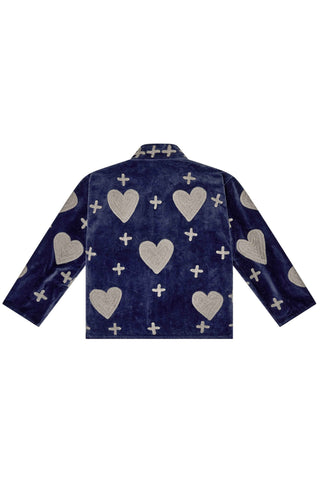 Embroidered Velvet Collared Jacket - Deep Navy with Grey Heart & Cross