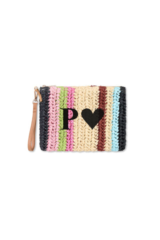 READY-TO-SHIP Personalised Raffia Clutch Striped 'P (HEART)'