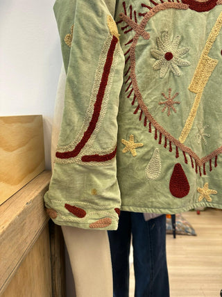 Faulty - Embroidered Velvet Jacket -  Light Green Snake