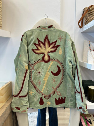 Faulty - Embroidered Velvet Jacket -  Light Green Snake