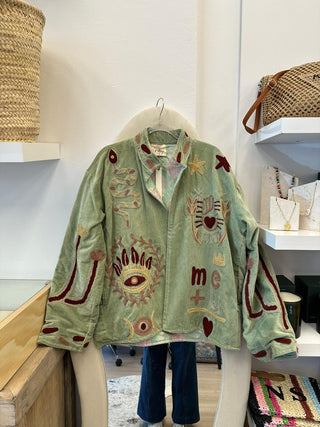 Faulty - Embroidered Velvet Jacket -  Light Green Snake