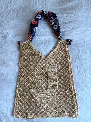 Winnie Initial Woven Bag – J Blue Floral Bandana