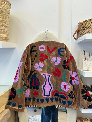 Faulty - Embroidered Velvet Jacket - Dusty Brown with Multi Pattern