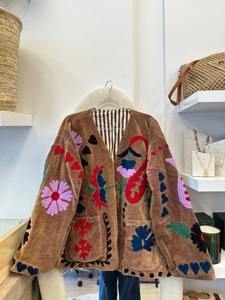 Faulty - Embroidered Velvet Jacket - Dusty Brown with Multi Pattern